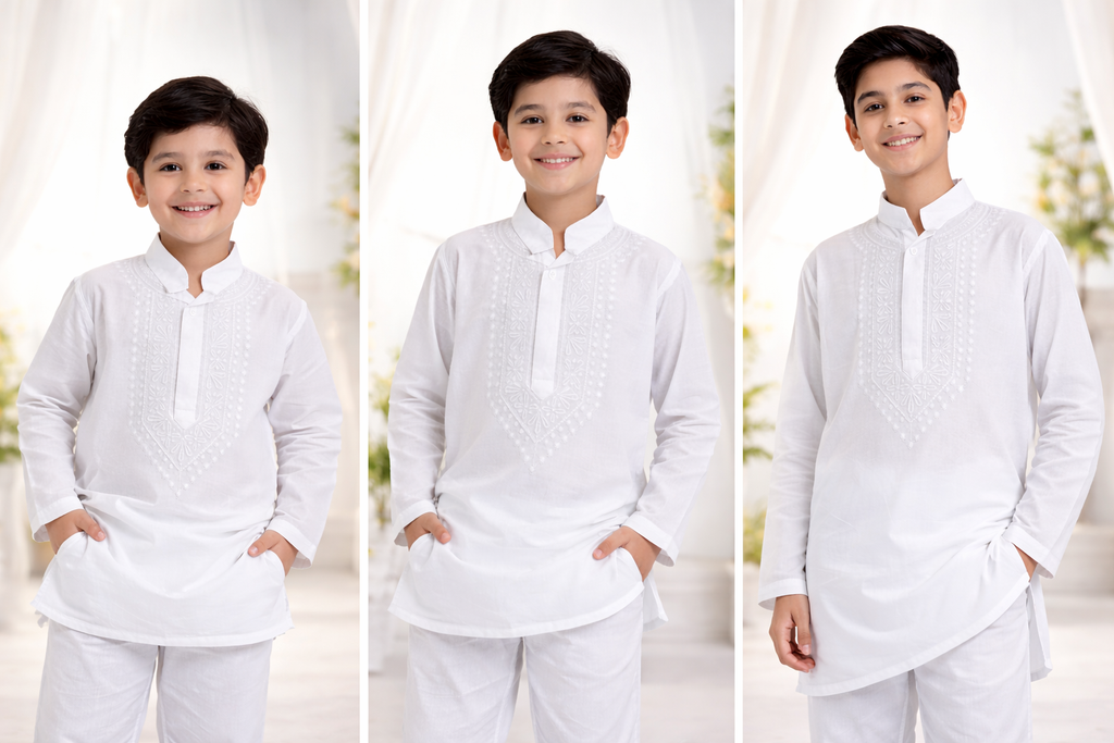 White embroidery kurta payjama set for boys