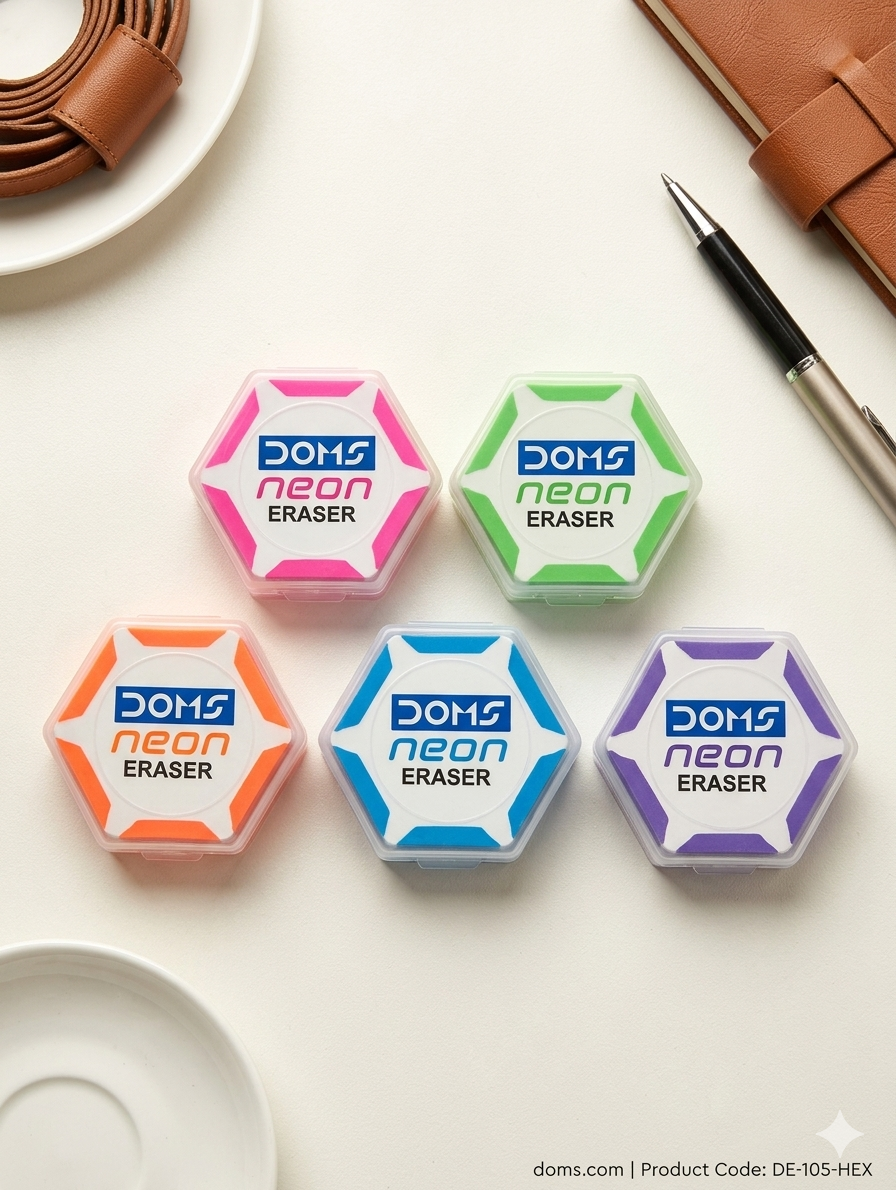 DOMS Neon Hexagonal Eraser – Vibrant & Precision Erasing pack of 1 pcs